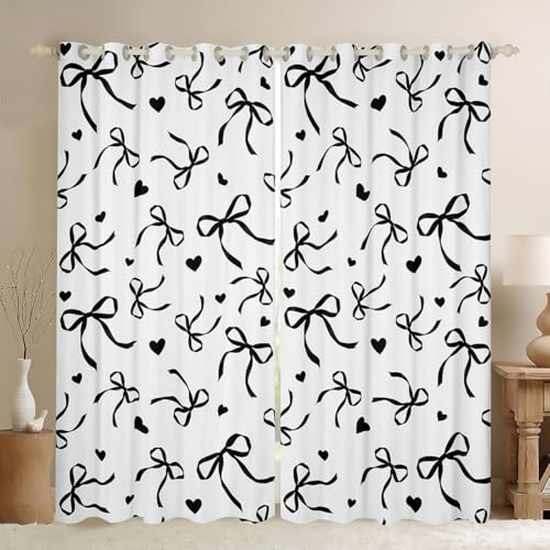 Homewish Homwish - Cortinas de ventana con lazo blanco y negro de 66 x 72 pulgadas, juegos de 2 paneles, bonitas cortinas opacas con lazo de princesa, cortinas de dibujos animados con corazón rosa