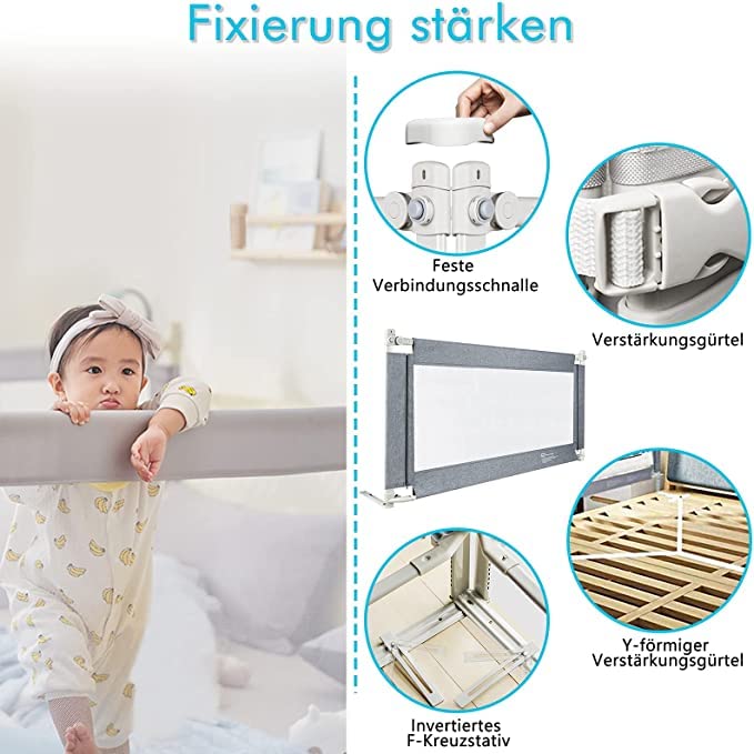 Aufun Griglia di protezione per lettino, con funzione di sollevamento verticale e protezione anticaduta, per la sicurezza dei bambini durante il sonno (150 cm)