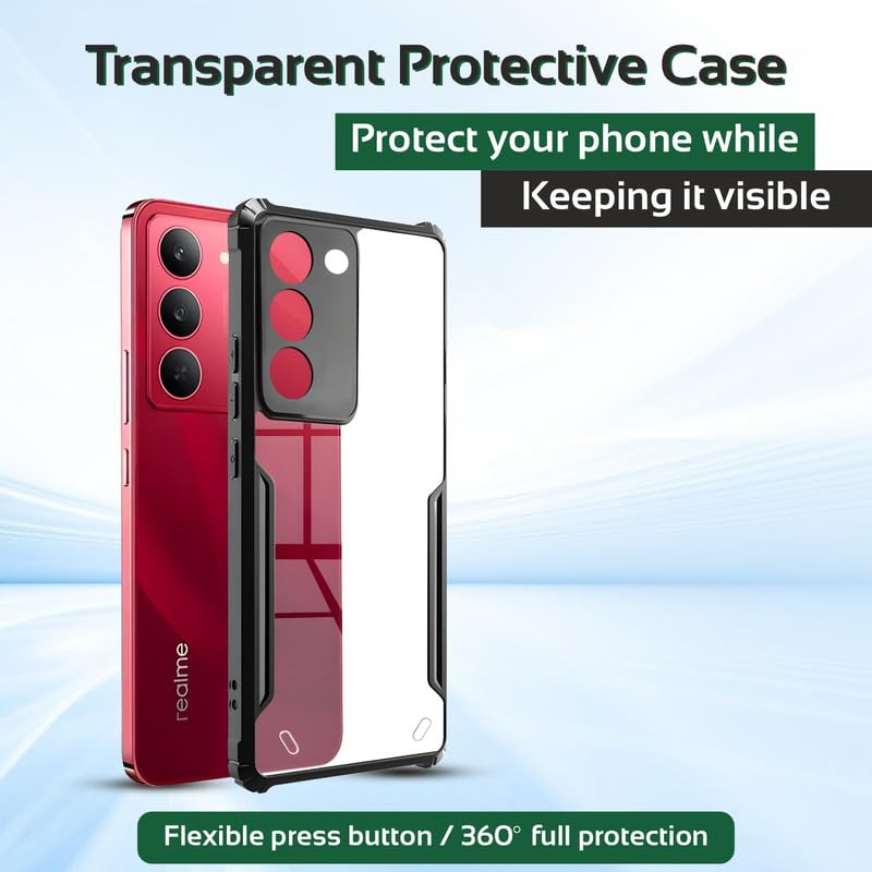 Image of AIBEX Compatible for Realme Narzo 80X 5G / Realme P3X 5G / Realme 14X 5G Mobile Back Case Cover, Crystal-Clear Shockproof Bumper with Camera Guard |(TPU+PC) | Anti-Yellow, Slim Transparent - Black
