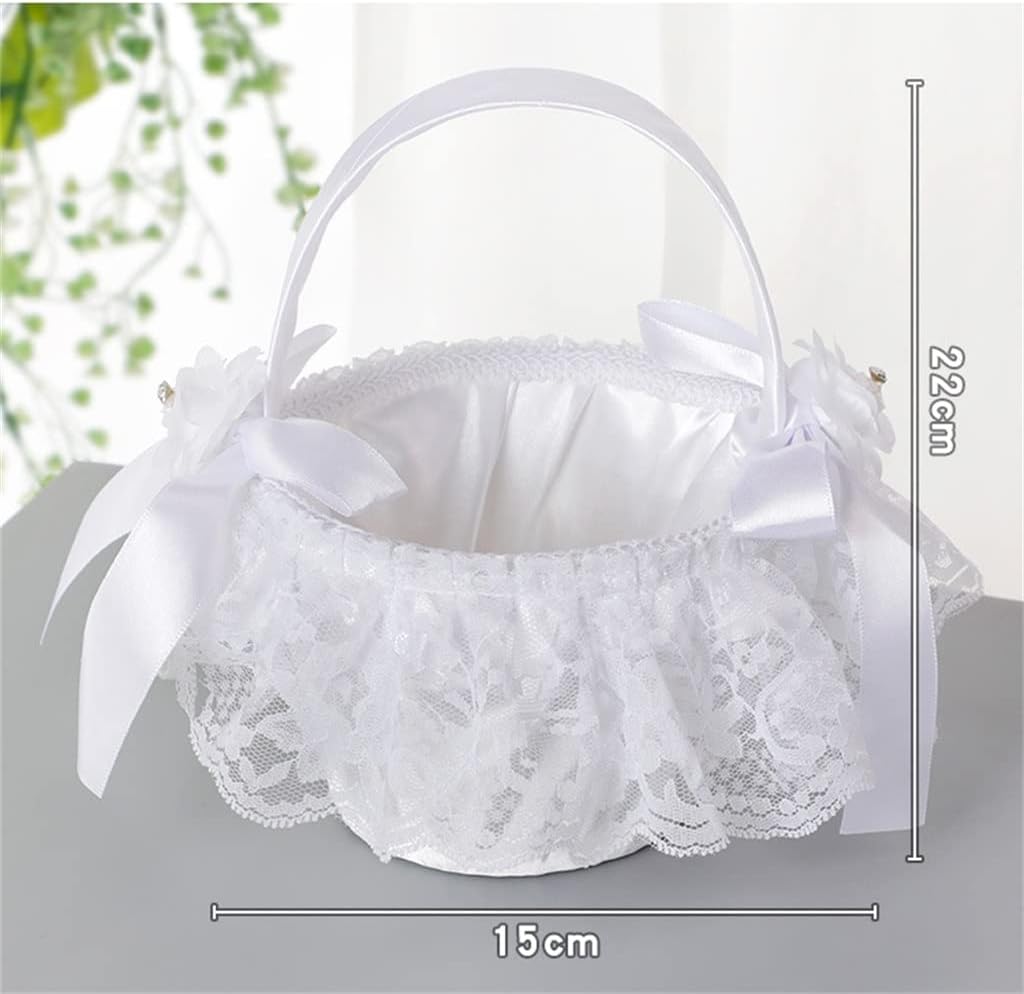 White Wedding Flower Basket Bridesmaid Girl Portable Petal Lace Vintage Rustic Ceremony Table