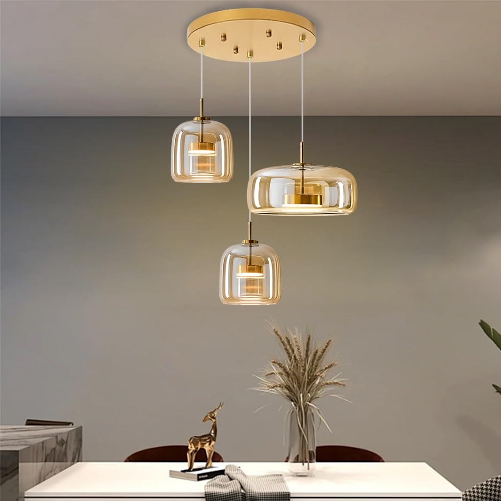 Pendelleuchte Esstisch Hängelampe Glas 3 Flammig Hängeleuchte Vintage Bernstein Esstischlampe Retro E27 Pendellampe Höhenverstellbar Für Esszimmer Wohnzimmer Küche Restaurant(Amber,3 lights-A)