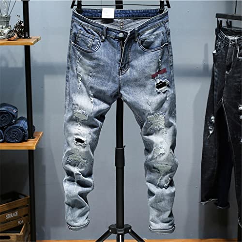 Jean denim ajusté bleu clair pour homme silhouette mince avec patchwork durable