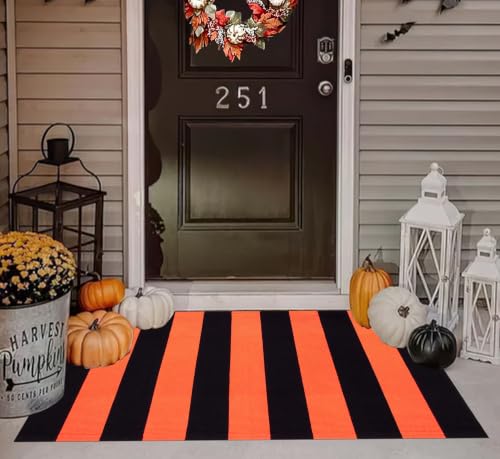Fall Striped Layered Doormat 24"x35",Orange Black Front Door Mat Outdoor - image 1