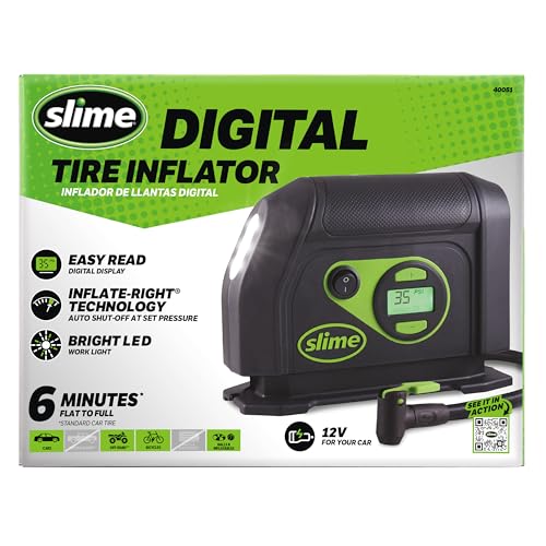 Slime 40088 Tire Inflator, Portable Car Air Compressor, Inflate Right automatic shut off, with Digital 99 psi Display, Long Hose and LED Light, 12V, 6 min inflation