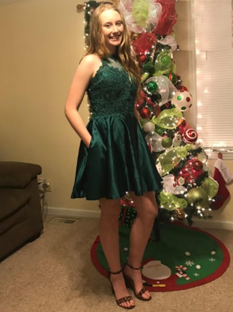 Tvuyet Lace-Applique Short Homecoming Dresses for Women with Pockets Satin Beaded Prom Cocktail Dress for Teens - Image 5