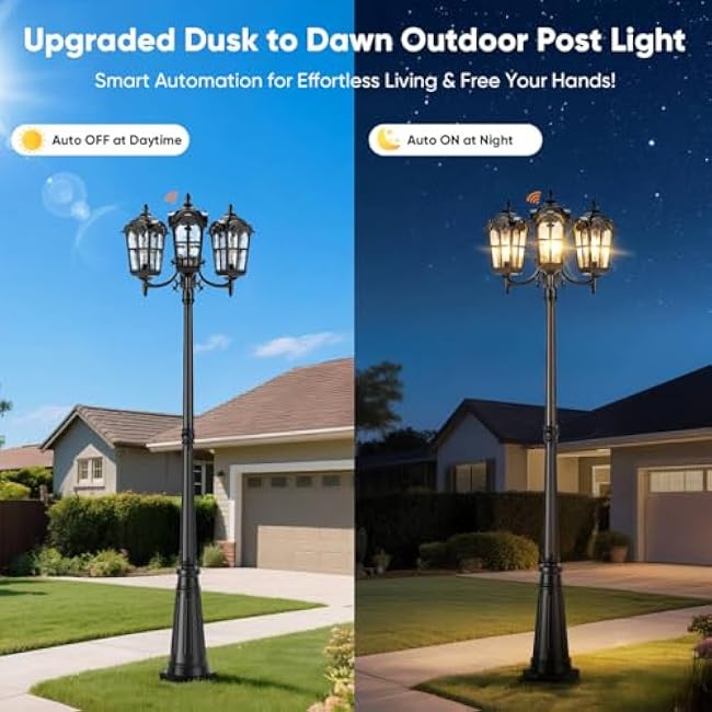 Dusk to Dawn Outdoor Post Lights, Black 3-Head Aluminum Street Lamp Posts Outdoor Lighting, Waterproof Hardwired Lamp Post Light Fixture with Water Glass Shades for Backyard (Bulb not Included)