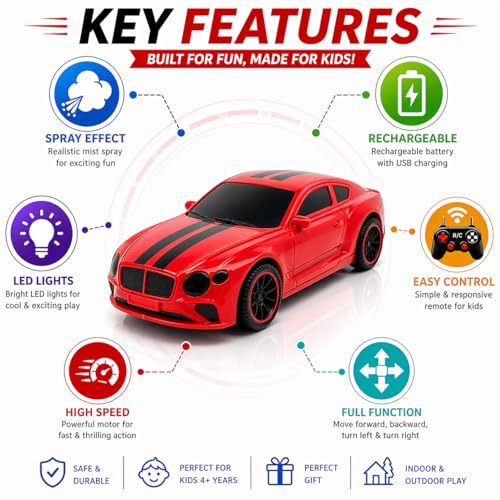 Image of The Flyers Bay Famous Millionaire Remote Control Car for Kids 4+ with Music, 3D Lights, Water Spray, Rechargeable Battery, 7 Function RC Toy Car with Type-C Charging (Red)
