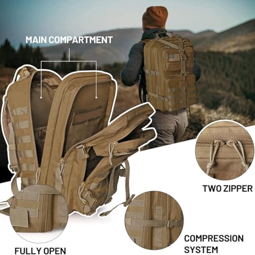 Image of REEBOW GEAR Military Tactical Backpack for Men Large Army 3 Day Assault Pack Molle Hiking Daypack Bag (Brown-Tan)