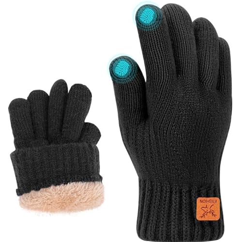 Fjquamitix Gants d'hiver Enfants Gants en Tricot Doux et Chauds avec Laine Intérieure Gant Tactiles pour Ski, Vélo, Football, Course Confortables pour 5-12 Ans Garçons et Filles (Noir)