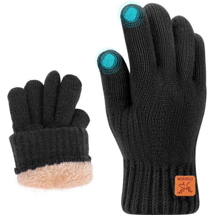 Fjquamitix Kids Winter Gloves Soft Warm Knit Glove Thermal Touch Screen Gloves with Fleece Lining for Children Ages 5-12 Outdoor Skiing Cycling Football Running (Black M)