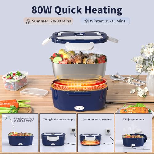Image of Vingud Electric Lunch Box Food Heater, 3 in 1 Heating Lunch Box for Work /Car /Truck, Heated Lunch Boxes for Adults with 1.5L Stainless Steel Container, 12V 24V 110V (Blue + White)