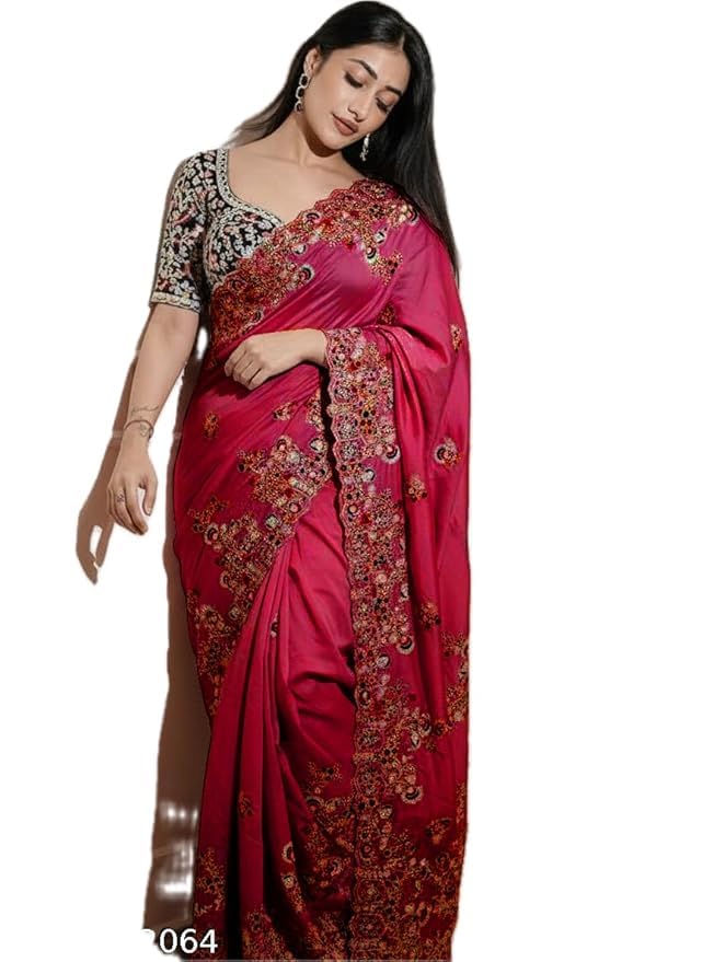 Silk Blend Saree with Embroidered Blouse Piece | Heavy Floral Embroidery | Scalloped Border | Pearl Detail | With Tassels-image-24