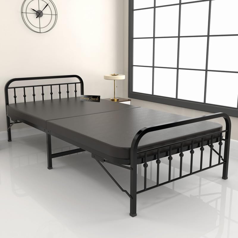 Metal Folding Bed Single Size with Orthopedic Mattress for Sleeping Guest Bed Easily Storable(Ortho Tri Layer Foam, Black)