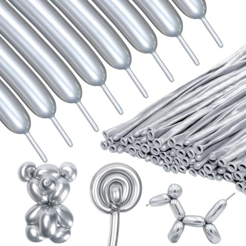 Image of Metallic Silver Long Balloons Premium 260 Twisting Magic Balloons for Birthday Kids Wedding Party Supply 100pcs