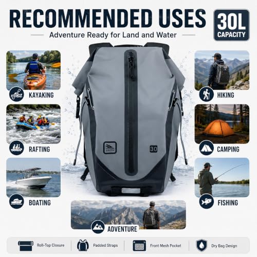 Mochila bolsa seca impermeable 30L, correas acolchonadas y correa de pecho con hebilla, gris miniatura 3
