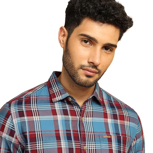 Image of Wrangler Male Checkered Blue Regular Fit Shirt