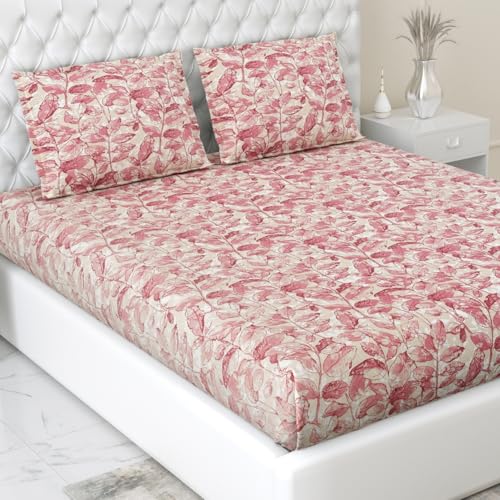 Image of Haus & Kinder Bedsheet for Double Bed, Elastic Fitted Queen Size | 186 TC 1 Fitted Elastic Bed Sheet for Double Size Bed and 2 Pillow Covers (60 X 78 Inches + 13 Inch Deep Pocket) | Leafy Oasis Pink