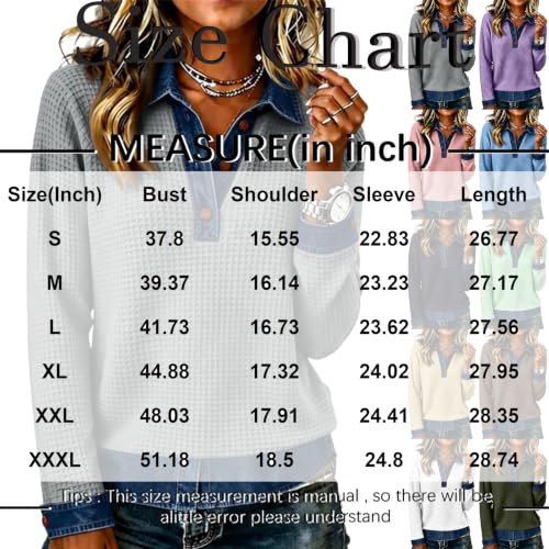 Waffle Knit Shirts for Women Henley Neck Contrast Denim Patchwork Shirt - image 7