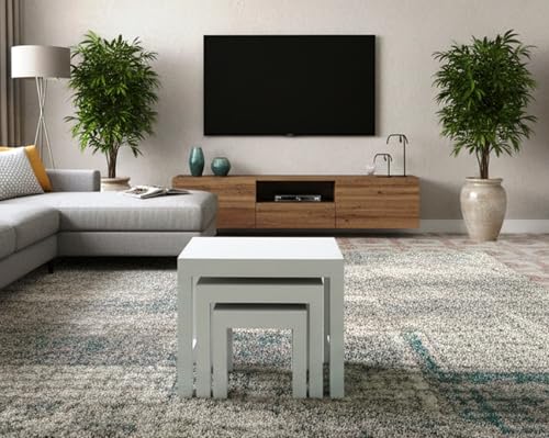 TANWAR HANDICRAFT Wooden Sheesham Wood Nesting Table Set of 3 Stools for Living Room | Side Table for Home & Kitchen | White Finish