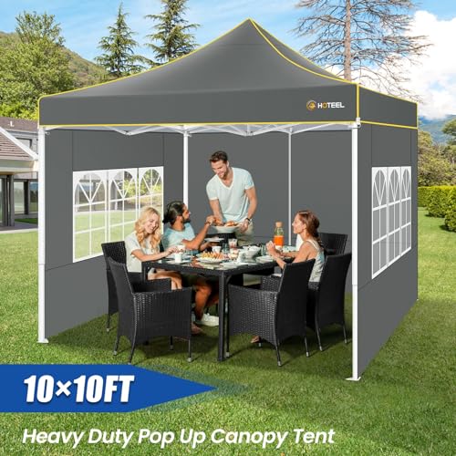 Image of HOTEEL Pop Up Canopy Tent 10x10 with Sidewalls, Commercial Instant Waterproof Canopy for Vender Patio, UV 50+ with Silver Coated, Upgraded Thickened Hexagonal Legs, Gray