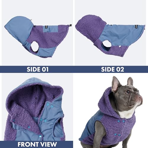 Image of Spark Paws Reversible Dog Hoodie, Sweater for Winter Cold, Warm Clothes for Small Medium Large Breeds - Purple and Navy Blue - L