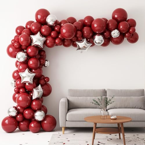 Image of RUBFAC Ruby Red Balloons 65pcs, 12 Inch Dark Red Burgundy Party Balloon with Ribbons for Birthday, Wedding, Baby Shower Decorations