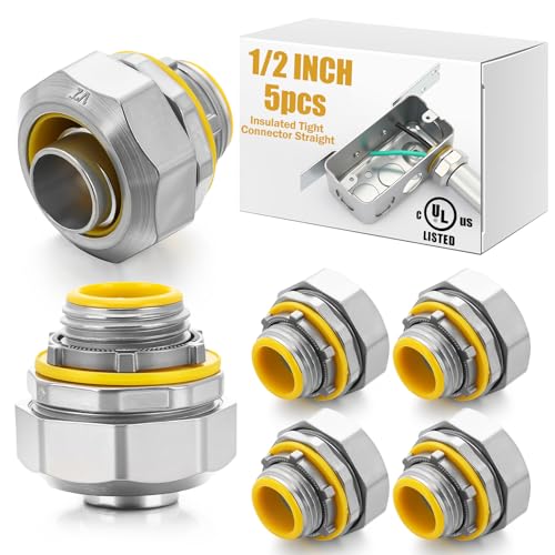 Gisafai 5 pcs Liquid Tight Connector Straight Insulated Zinc Die Cast Metal Tight Electrical Conduit Fittings for 1/2 inch Flexible and Type B Flexible