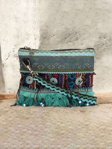 Image of The House of tara Cross Body Sling Bag with Embellishments and Tassels /Trims | Internal Zip Pocket | Jute Crossbody Bag in Multi Colour with Zip Closure | Handmade.