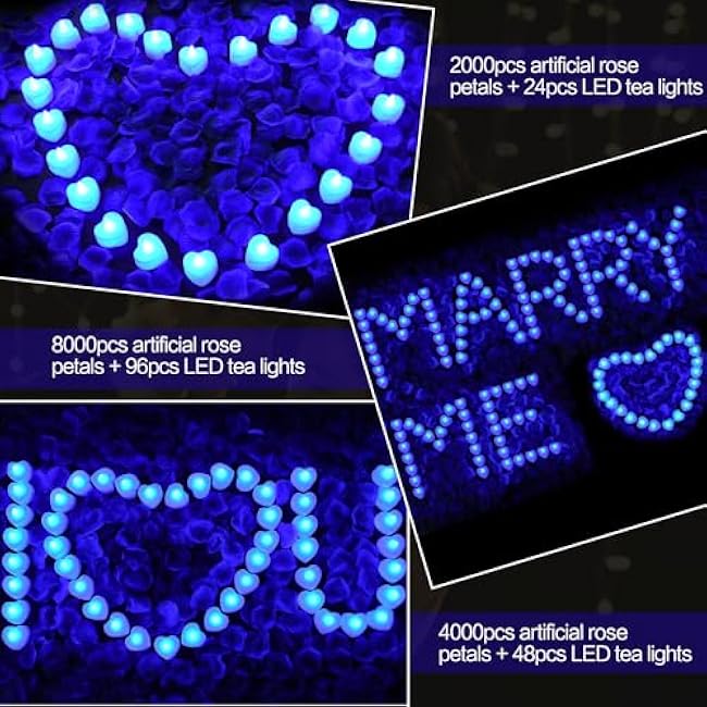KOABY 2000pcs Artificial Rose Petals with 24pcs LED Tea Lights Kit, for Decor(2000pcs Blue Artificial Rose Petals + 24pcs Blue Lights)