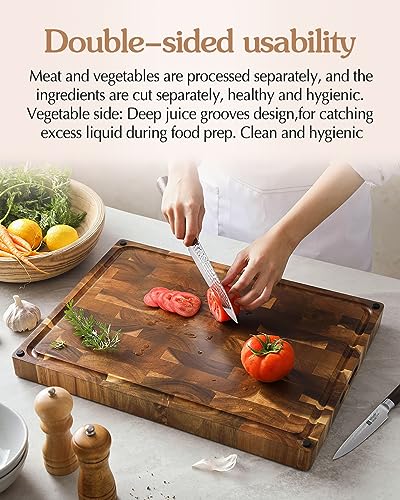 XINZUO Large Thick End Grain Acacia Wood Cutting Board- (19''L x 14''W x 1.5''T) Reversible Wooden Chopping Board with Non-Slip Feet, Built-in Handles and Juice Groove- Butcher Block Cutting Board - Image 6