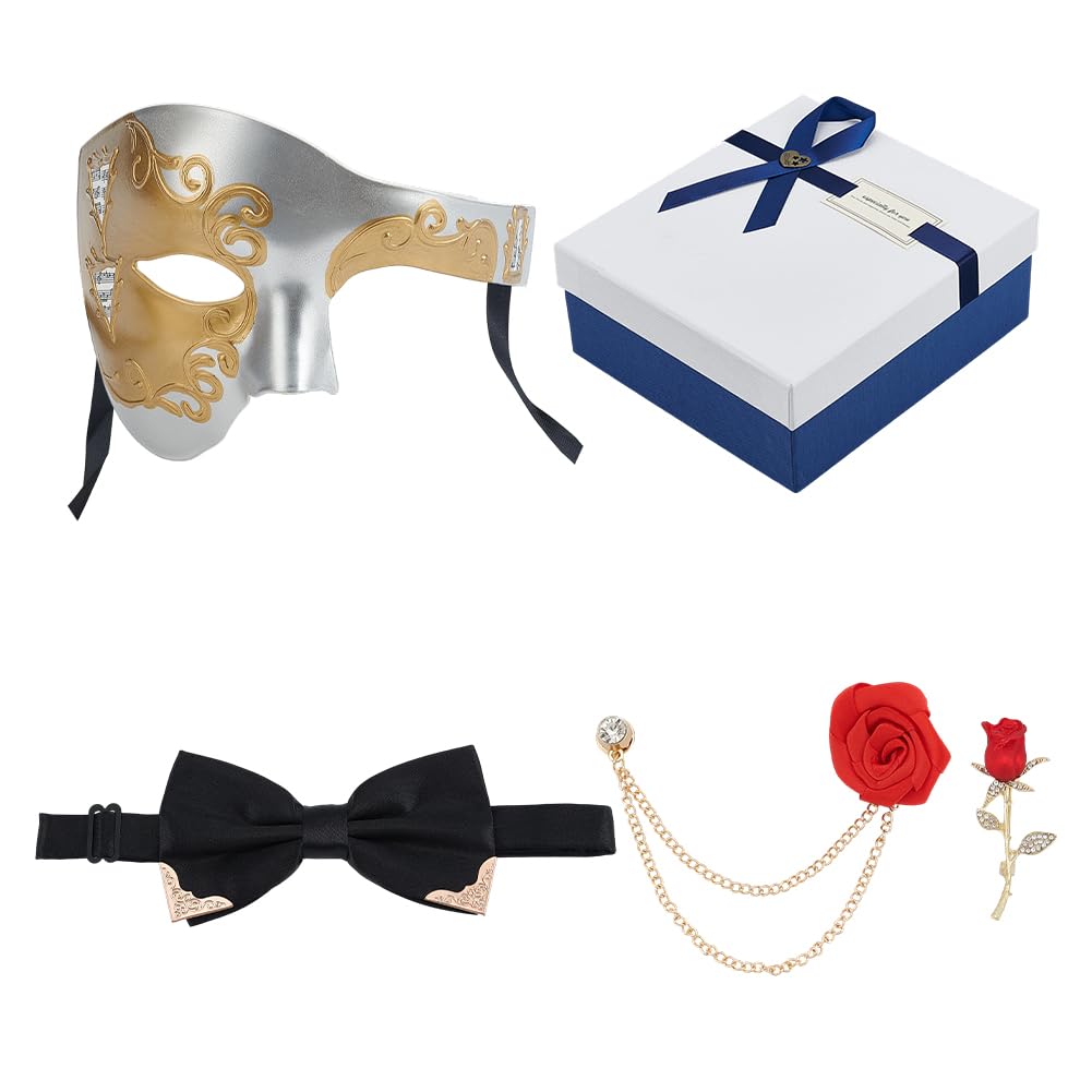 OLYCRAFT Silver and Gold Mens Masquerade Mask Classical Masquerade Mask for Men with 1pc Bowtie and 2pcs Red Rose Brooch Accessories for Halloween Costume Party Mardi Gras Mascarade Ball