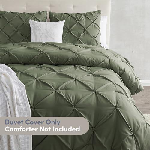 Image of Nestl Olive Green Duvet Cover Full Size - Soft Double Brushed Duvet Set with Button Closure & Corner Ties, 3 Piece Luxurious Pinch Pleated Duvet Cover Set 80x90 Inches with 2 Pillow Shams