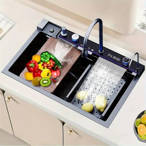 Image of Digital Kitchen Sink with 5-Piano Switch|304 Grade Stainless Steel Sink with Waterfall&Pull-down Faucet|LED Digital Display & RO Tap|360 Pull-out Faucet|Hot & Cold Control Handwheel (30x18x9 Inch)
