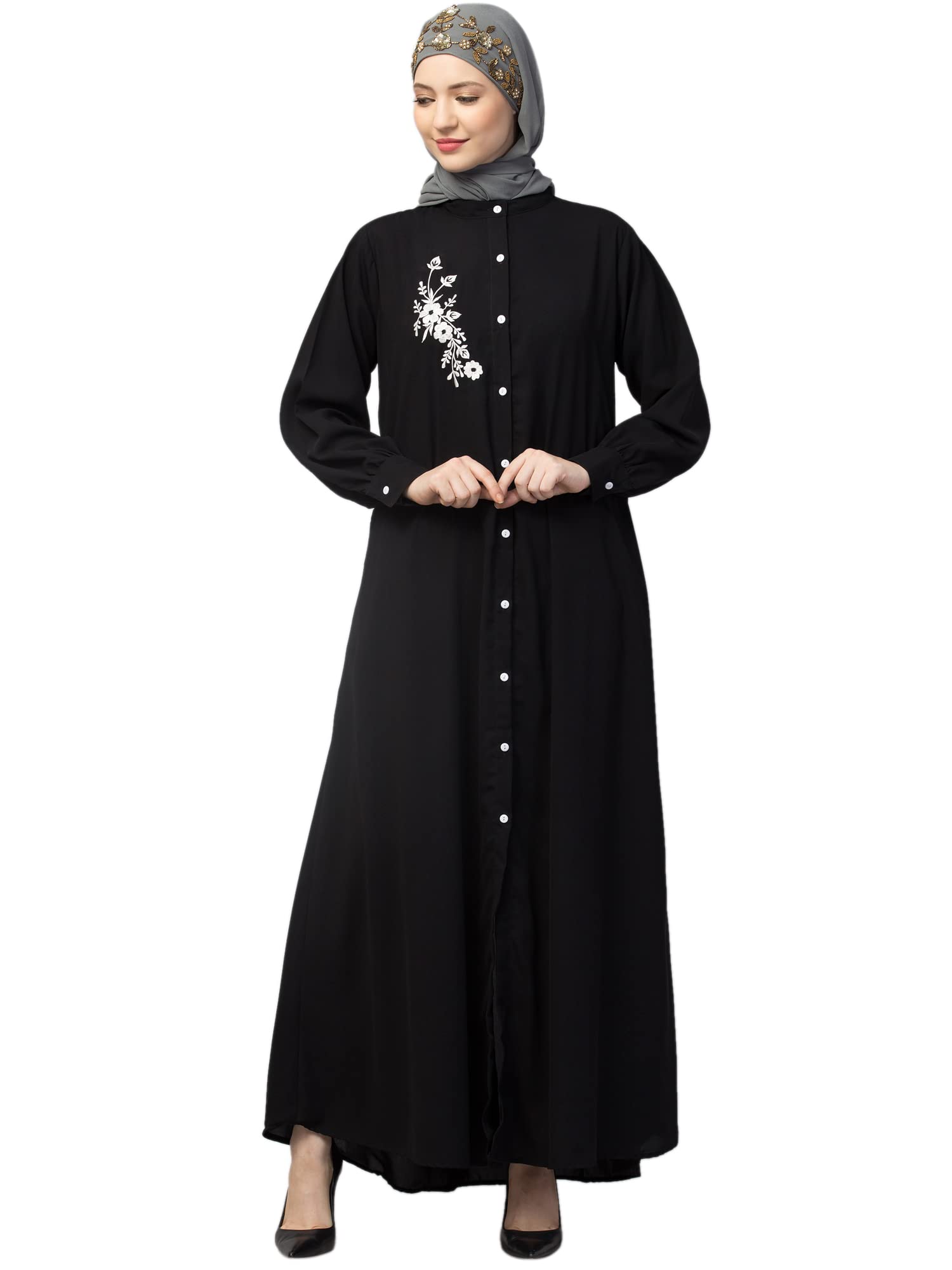 NAZNEEN Front Open with Embroidery Casual Abaya (Black Small Embroidery)-image-23