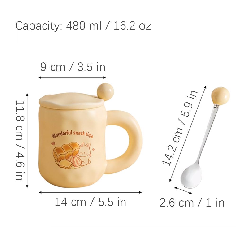 Juego de Tazas de café de cerámica Color Caqui, Redondas, Grandes, con Tapa y Cuchara, para Oficina, para Hombres y Mujeres, 480 ml/16,2 oz