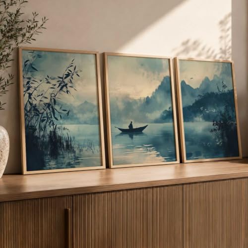 Image of kotart Big Aesthetic Nature Art Wall Framed Posters | Japanese Nature View Framed Poster for Living Room Bedroom Wall Decor Set Of 3 (19X25 inch)