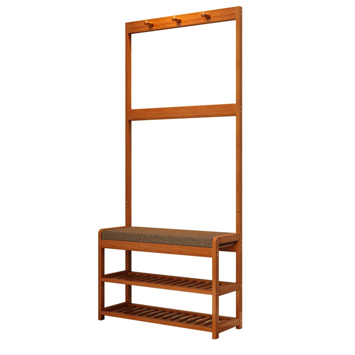 Bananaww Wooden Coat Rack Stand, Freestanding Hall Tree Coat Stand with Shoe Storage Bench, 11 Hooks and Shelves, Clothes Rack Hanger Unit for Hallway Entryway Bedroom