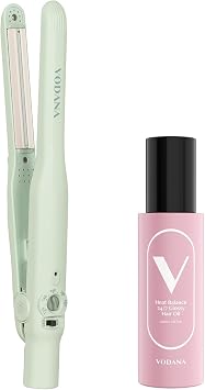 VODANA Professional Hair Irons Bundle, Soft Bar Flat Iron 0.5inch Melange Green, Heat Balance 24/7 Glossy Hair Oil