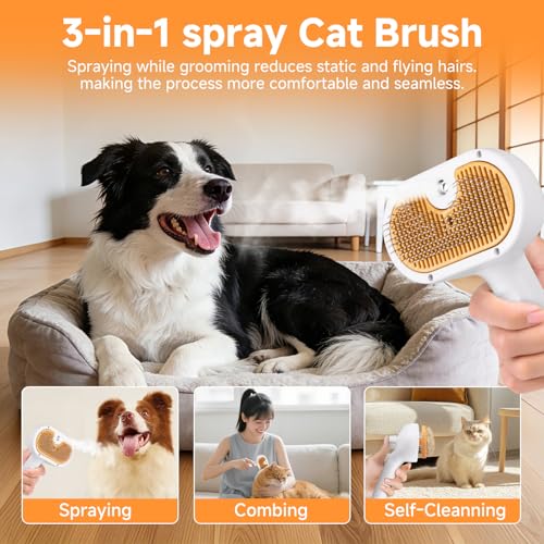 Image of Pet Steam Brush for Dog & Cat - 3-in-1 Spray Hair Removal Comb for Shedding & Grooming, Softens Fur & Reduces Static - Water Brush for Long & Short Coats, Bath-Hating Pets, Includes Waterless Shampoo