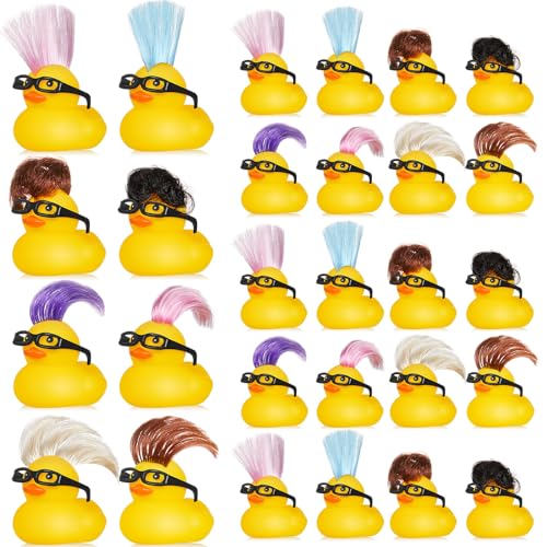 VercanMonth 20 Pcs Rubber Ducks with Wig and Black Glasses Squeaky Duck Bath Toy Small Rubber Duckies Bulk Cute and Funny Bathtub Toys for Summer Pool Birthday Gifts Holiday Party Favors (Stylish)