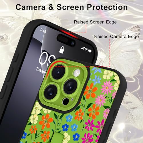 Image of for iPhone 16 Pro Max Case with Finger Strap Holder, Cute Colorful Floral Flower Print Pattern Design for Women Girls, Shockproof Anti Scratch Hand Kickstand Protective Cover, Green