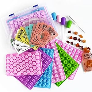 Gummy Bear Molds Silicone 32PCS, Non-stick Chocolate Candy Mold 18 Shapes for 327 Candies, With 4 Droppers, Clean Brush, Storage Box, 20 Wrappers, Including Dinosaur Mini Donut Fruit Animals Shaped