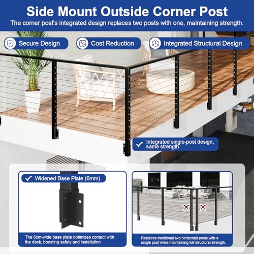 Image of BLIKA 36 inch Side Mount Outside Corner Post, Stainless Steel, 3-Side Drilled Fascia Mount Post for Cable Railing Kit, Black Powder Coated Side Mount Outer Corner Post