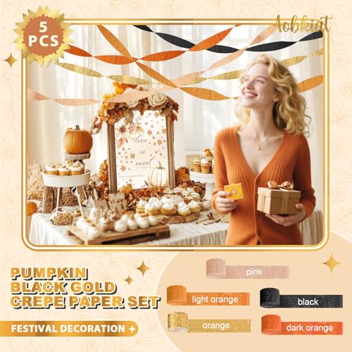Image of AOBKIAT Fall Streamers Party Decorations,5 Rolls Pumpkin Orange Gold Black | Crepe Paper Streamers for Thanksgiving Day,Halloween,Birthday Wedding Baby Shower Retro Party Backdrop