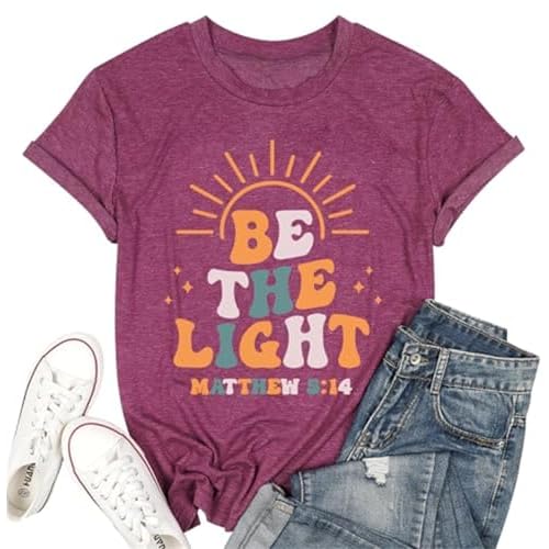 Christian Shirts for Women Be The Light Shirt Jesus Faith Tshirt Inspirational Tee Top Purple Large Purple1