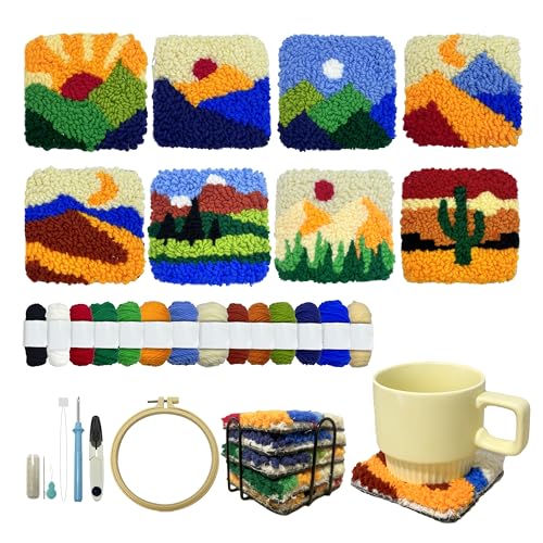 Punch Needle Coasters Kit for Beginners Adults Easy Needle Punch Embroidery Tool Set DIY Making Kit Supplies, 8 Pattern Landscape Art Crafts Gifts