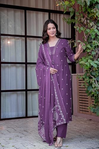 Image of PARTHVI Women's Pure Cotton Printed Straight Kurta Set with Palazzo Pants & Dupatta- Ethnic Wear, Red
