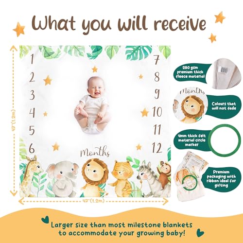 Image of KooKooBaby Baby Monthly Milestone Blanket - 47x47 Premium Fleece Milestone Blanket for Baby Girl and Boy - Safari Animals Monthly Baby Milestone Photo Background with Felt Circle Marker