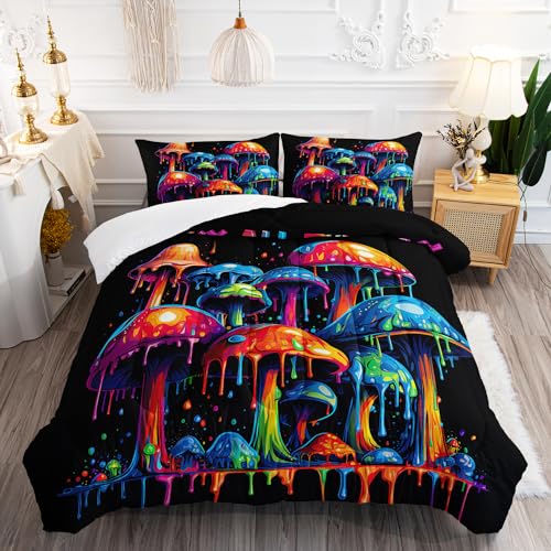 Image of AILONEN 3D Oil Painting Mushroom Comforter Set Queen Size - 3 Pieces With Quilt and 2 Pillowcases for Boys Girls Room Decor, Cartoon Bedding Set