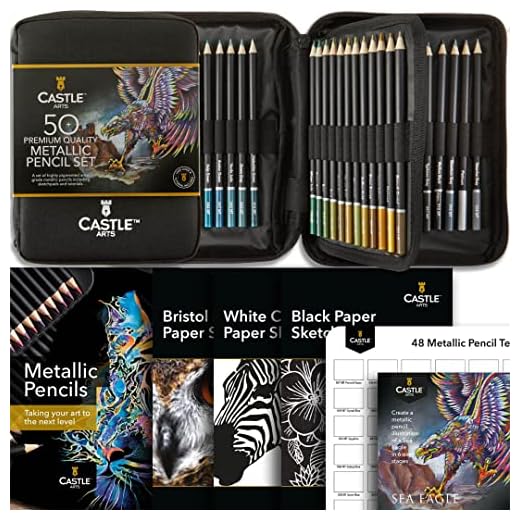 Castle Art Supplies Estuche 48 Lápices Colores Metálicos con Accesorios | Minas de Cera con Sombras Brillantes para Profesionales, Artistas, Ilustradores | Resistente Estuche Portátil con Cremallera